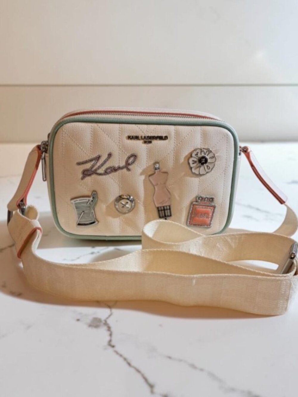 Karl Lagerfeld Paris White Maybelle Crossbody Bag w/ Paris Pins NWOT